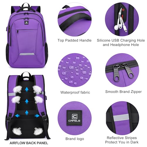 CAFELE Laptop Backpack, 17.3 Inch, Water-Repellent, USB Charging Port, for Business Travel School (Purple, 17.3 inches) - color: Purple