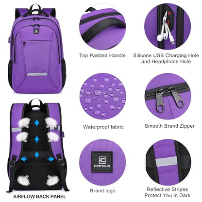 CAFELE Laptop Backpack, 17.3 Inch, Water-Repellent, USB Charging Port, for Business Travel School (Purple, 17.3 inches) - color: Purple