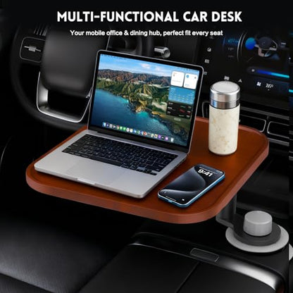 360° Rotation Car Desk for Laptop, Height-Adjustable Cup Holder Table, Wooden Car Food Tray & Laptop Mount Compatible with Tesla Model Y/3/S, Ford F150/Explorer/Maverick & Most Vehicles (Warm Walnut)