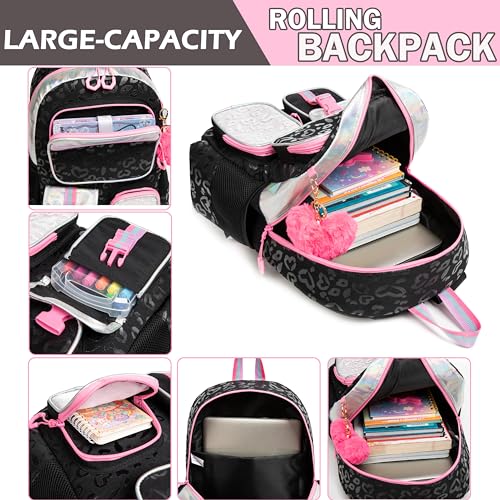 Meetbelify Girls Rolling Backpack with Wheels - Cute Kawaii Carry On Backpack for Elementary Students - Lunch Box Included - Travel Suitcase for Girls 8-10 - color: Love Black
