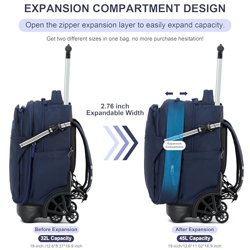 NEW TILAMI 18 Inch Expandable Rolling Backpack Stair-Climbing for School | 6-Wheel Stair-Climbing Girls Boys Carry-on Suitcase 15.6 Laptop Sleeve Water-Resistant Adjustable Handle Wheel Travel Camping - color: Navy Blue