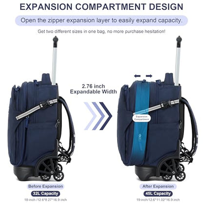 NEW TILAMI 18 Inch Expandable Rolling Backpack Stair-Climbing for School | 6-Wheel Stair-Climbing Girls Boys Carry-on Suitcase 15.6 Laptop Sleeve Water-Resistant Adjustable Handle Wheel Travel Camping - color: Navy Blue