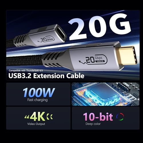 2-pack long usb c braided data extension cable 20ft/6M, USB c extension cable 20 gbps Data Transfer/100W Fast Charging/Video Output at 4K@60Hz for Monitor,USB Male to usbc-c Female Cable（20FT+20FT） - size: 20FT+20FT