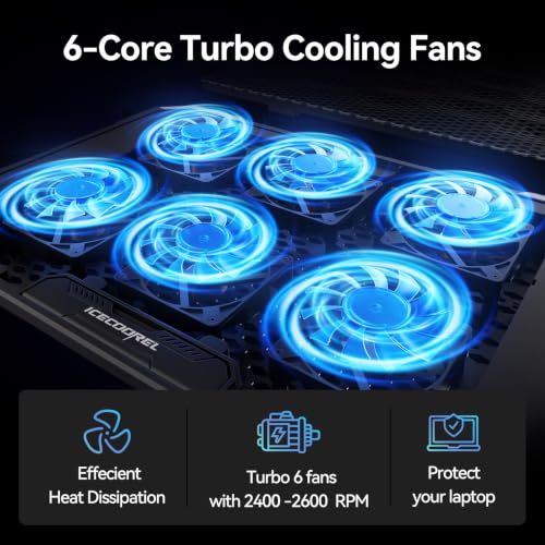 ICE COOREL Laptop Cooling Pad with 6 Cooling Fans, Cooling Pad for Laptop Fan 13-15.6 Inch, Laptop Cooler Stand with 6 Height Adjustable, Notebook Cooler Pad with Two USB Port - size: 6 Fans