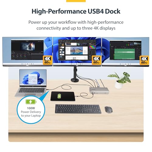 StarTech USB4 Driverless Dock, Triple 4K 60Hz, HDMI or DP, 100W, 2.5GbE | USB-C dock, 3 monitors, Zero-touch Windows and ChromeOS, Not macOS, Native GPU, PXE Boot, Wake-on-LAN, Lock slot - size: Triple Monitor, style: Triple 4K60 USB4