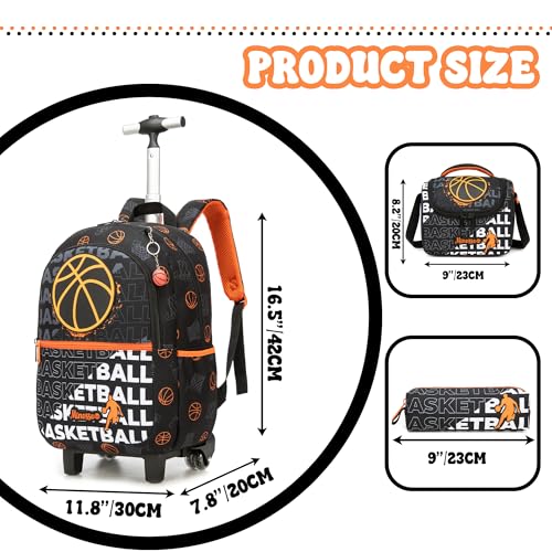 Kids Rolling Backpack for Boys 16.5" School Roller Backpack with Lunch Box, Toddler Backpacks with Wheels Rollig Wheeled Backpacks for Elementary School - color: Black Basketball