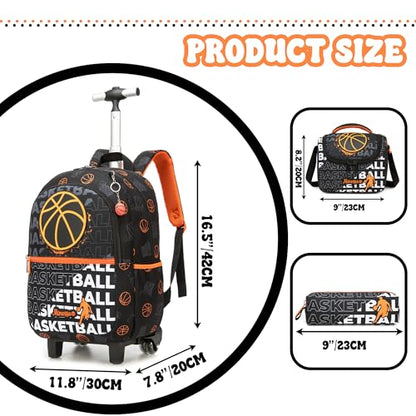 Kids Rolling Backpack for Boys 16.5" School Roller Backpack with Lunch Box, Toddler Backpacks with Wheels Rollig Wheeled Backpacks for Elementary School - color: Black Basketball