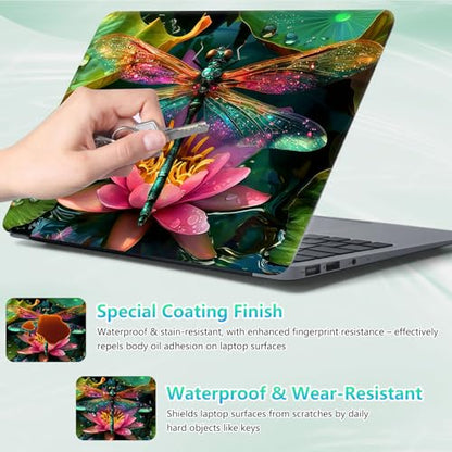 Laptop Skin Sticker Decal 12"-15.6" Universal Laptop/Notebook/Netbook Vinyl - Waterproof Scratch Resistant,Fits HP Dell Lenovo MacBook,2 Free Wrist Pads,Easy Apply & Remove,Dragonfly Lotus - color: Dragonfly Lotus