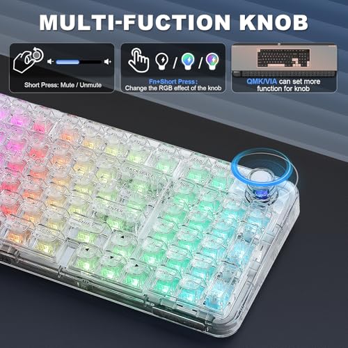YUNZII X98 Wireless Mechanical Keyboard with Knob (White, Crystal Switch) | BT5.0/USB-C/2.4GHz,1800 Layout with Number Pad,Pre-lubed Switches Gasket Mount ,Clear Keyboard with RGB for Wins/Mac/Gaming - color: White, size: Crystal Switch