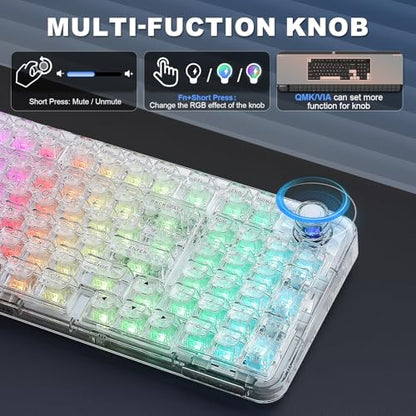 YUNZII X98 Wireless Mechanical Keyboard with Knob (White, Crystal Switch) | BT5.0/USB-C/2.4GHz,1800 Layout with Number Pad,Pre-lubed Switches Gasket Mount ,Clear Keyboard with RGB for Wins/Mac/Gaming - color: White, size: Crystal Switch