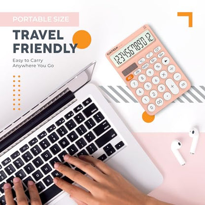 CATIGA 12 Digit Desktop Calculator Basic Desk Calculator with Large LCD Display, Big Buttons, 4 Function, Solar and Battery Dual Power, for Office, School, Home, SD-1292 Pink - color: 2) Pinkwhite