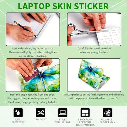 Laptop Skin Sticker Decal, Universal Protective Cover Fit 12 13 14 15.6 Inch Notebook, Reusable Water-Resistant Vinyl Decal w/ 2 Wrist Pads for Business Travel Office, Green Dragonfly - color: Green Dragonfly
