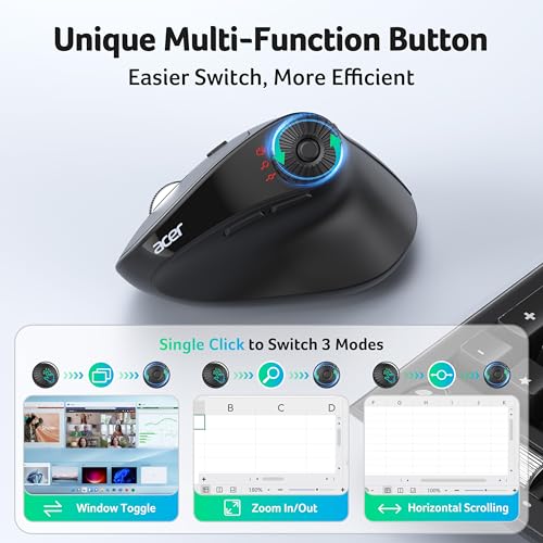Acer Ergonomic Mouse Wireless with Side Scroll, Bluetooth Mouse for Laptop | 4000 DPI Office Vertical Computer Mouse (BT5.2+2.4GHz) for Small to Medium Sized Hands, Ergo Mouse with, 58° Tilt, 8 Buttons
