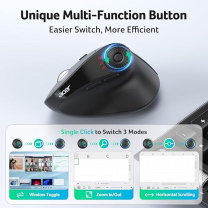 Acer Ergonomic Mouse Wireless with Side Scroll, Bluetooth Mouse for Laptop | 4000 DPI Office Vertical Computer Mouse (BT5.2+2.4GHz) for Small to Medium Sized Hands, Ergo Mouse with, 58° Tilt, 8 Buttons
