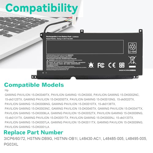 PG03XL Laptop Battery for HP Pavilion Gaming 15-DK 15T-DK 15-EC 15-DK0XXX 15-DK0055NR 15T-DK200 15-EC0013DX 15-EC1073DX 15Z-EC200 16-A0032DX 16-A0035NR L48495-005 3ICP6/60/72 HSTNN-DB9G HSTNN-OB1I - size: 8.3x3.7x0.24inch PG03XL