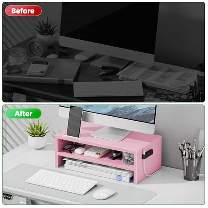 Marbrasse Monitor Stand Riser, 16.5 Inch 2 Tier Computer Printer Shelf Stand for Laptop Computer Screen Storage, Desktop Stand with Phone Holder and Cable Management (Pink) - color: Pink