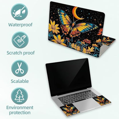 Universal Laptop Skin Decal, 3-Piece Vinyl Protector for 12 13 14 15.6" Notebook, Waterproof Anti-Scratch, Easy Trim & Bubble-Free Finish, Moonlit Butterfly Amongst Flowers - color: Moonlit Butterfly Amongst Flowers