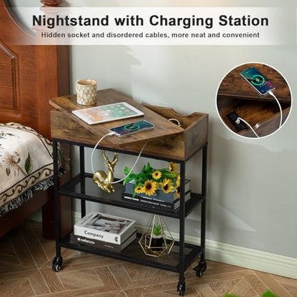 Hadulcet Narrow End Table with Charging Station & Rotating Top, Couch Snack Tables, Swivel Table for Recliner Living Room & Bedroom, Rolling Slim Side Table on Wheels, Skinny Nightstand, Rustic Brown - color: Rustic Brown