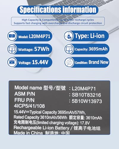 57Wh L20M4P71 L20C4P71 SB10T83217 5B10W13974 Replacement Battery for Lenovo ThinkPad X1 Carbon 9th/10th Gen & X1 Yoga 6th/7th 2021 Series, Replaces L20D4P71 L20L4P71-15.44V 3695mAh 4-Cell - size: 9.25*3.75*0.18 IN L20M4P71