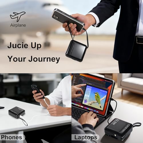 Detachable Wall Plug Portable Charger 15000mAh Power Bank 22.5W | Fast Charging Built-in Cables, 3-in-1 Compact USB-C Battery Pack Travel Essentials for iPhone 17,iPad, Android, Samsung - color: Black