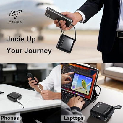 Detachable Wall Plug Portable Charger 15000mAh Power Bank 22.5W | Fast Charging Built-in Cables, 3-in-1 Compact USB-C Battery Pack Travel Essentials for iPhone 17,iPad, Android, Samsung - color: Black