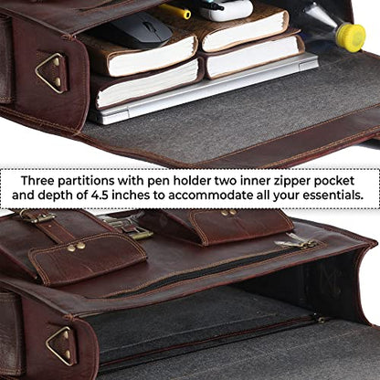 Leather Messenger Bag for Men and Women 18 Inch | Best Laptop Briefcase Satchel Computer Bag with Adjustable Strap - color: Brown