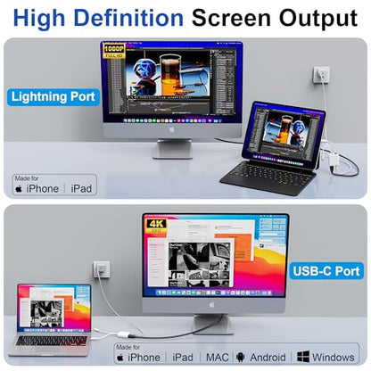 USB-C and Lightning to HDMI Adapter for iPhone to TV, 4K@60Hz MFi Certified Lightning to Digital AV Adapter with 100W Charging Port for iPhone 17/16/15/iPad/MacBook to TV/Monitor/Projector