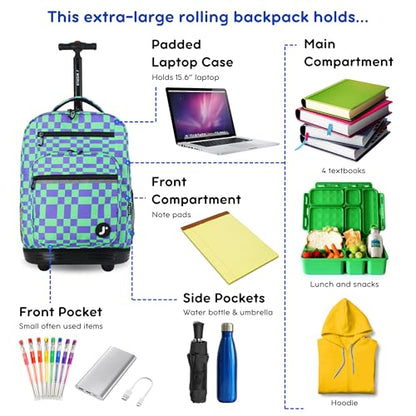 J World Sundance Laptop Rolling Backpack for Girls Boys. Roller Bookbag with Wheels, 20 Inch, Pixel Checkers - color: Pixel Checkers