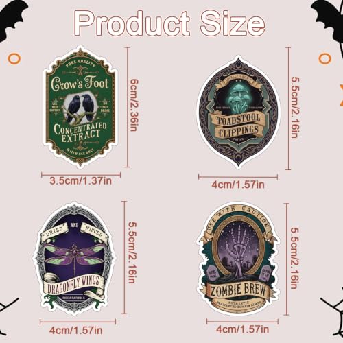 100 Pcs Halloween Potion Label Stickers, Dark Apothecary Decals | Spooky Witch Magic Sticker Pack, for Jar Laptop Water Bottle Scrapbook Craft Party Favor, Vinly, Waterproof - style: Halloween Apothecary Potion