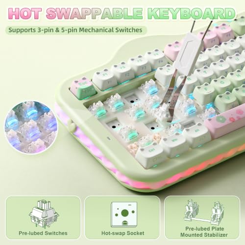 YUNZII C98 Cute Wireless Mechanical Keyboard(Green Mao, Milk Switch) | Cake Keyboard,99 Keys with Number Pad, MAO Keycaps, BT5.0/2.4G/USB-C,Hot Swap, Gasket Mount, Custom RGB Backlight for Win/Mac - color: Green MAO, size: Milk V2 Linear Switch