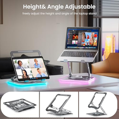 JOYEKY Adjustable Laptop Stand with RGB Lighting,Aluminum Ergonomic Computer Stand with 360° Rotating Base,Foldable & Portable Laptop Riser, Suitable for All 10-16” Laptops (Grey) - color: RGB-Grey