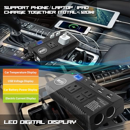 Car Power Inverter 120W DC 12V 24V to AC 110V Car Charger Adapter with 3 AC Outlets Dual Cigarette Lighter 4 USB Ports Charger Quick Charging 3.0 for Phones Tablets Laptops Kindle (Black)