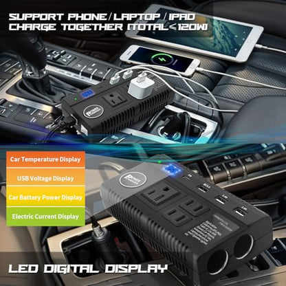 Car Power Inverter 120W DC 12V 24V to AC 110V Car Charger Adapter with 3 AC Outlets Dual Cigarette Lighter 4 USB Ports Charger Quick Charging 3.0 for Phones Tablets Laptops Kindle (Black)