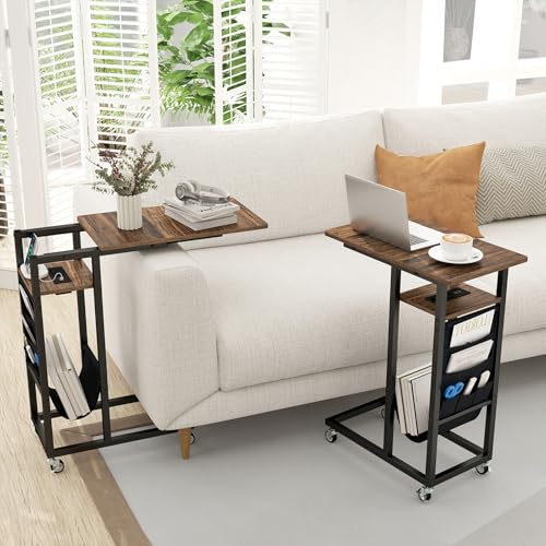 GIANTEX 27" C Shaped End Table w/Charging Station, Rolling Wheels | Slide Under Couch, Outlets & USB Port, Side Table Nightstand Small Laptop Sofa TV Tray C Table for Living Room, Rustic Brown