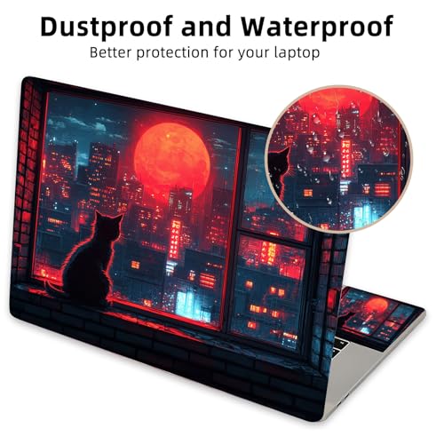 Aesthetic Laptop Skin Cover,12-15.6 Inch Universal Vinyl Sticker Decal,Waterproof Scratch-Resistant Notebook Wrap,Removable Residue-Free Protector,Red Moon City Cat - color: Red Moon City Cat