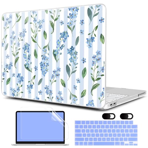 MEEgoodo 4-in-1 Printed Case for MacBook Neo 13 inch 2026 Release Model A3404, Laptop Hard Shell Cases with Keyboard Skin & Screen Protector & Webcam Covers, Blue Watercolor Flowers&Stripes - color: Blue Watercolor Flowers&Stripes