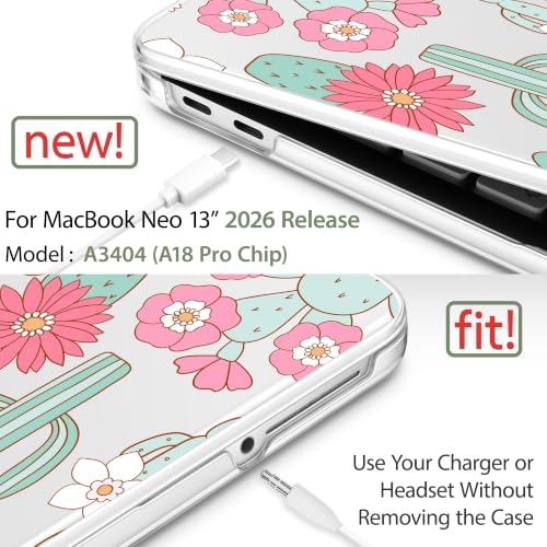 May Chen Compatible with MacBook Neo 13 inch Case 2026 Model A3404, Plastic Hard Shell,Keyboard Cover,Screen Protector,Dust Plug, for MacBook Neo 13" with A18 Pro Chip,Blooming Cactus - color: Blooming cactus