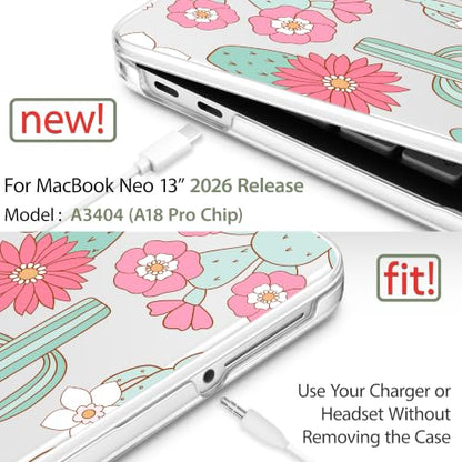 May Chen Compatible with MacBook Neo 13 inch Case 2026 Model A3404, Plastic Hard Shell,Keyboard Cover,Screen Protector,Dust Plug, for MacBook Neo 13" with A18 Pro Chip,Blooming Cactus - color: Blooming cactus