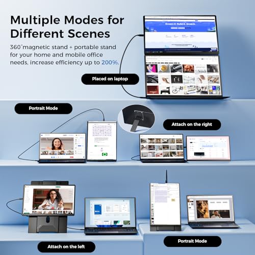 Laptop Screen Extender 16.1", 1200P FHD, Portable Monitor 360° Rotating Detachable Stand, Height Adjustable Monitor Extender for Laptop 13-17.5", Plug-Play for Tablet, PC, Phone, etc