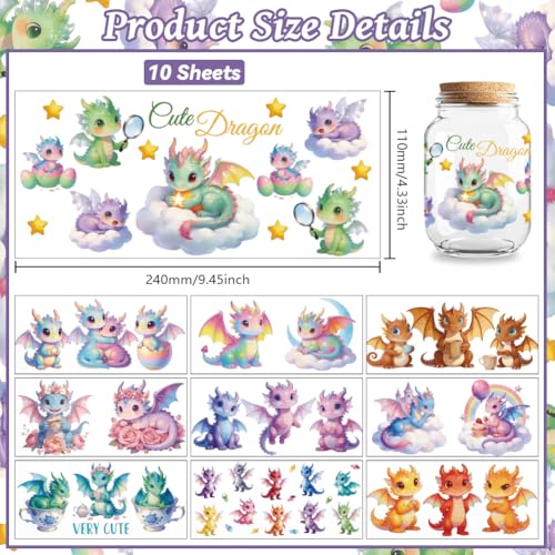 Peacoblue UV DTF Cup Wraps Transfer Stickers Cute Dragon Animal Pattern, 10 Sheets Waterproof Custom Vinyl Transfer Sticker 16oz Coffee Glass Cup Tumbler Bottle Mug Decals for Men Women - style: Cute Dragon Animal
