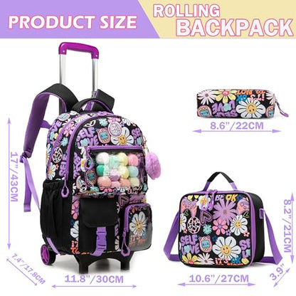 Meetbelify Backpack with Wheels for Girls Rolling Backpack Cute Carry on Backpack with Lunch Box for Elementary Student Teen Kids Luggage Travel Suitcase Girls 8-10 Black - color: Black Flower
