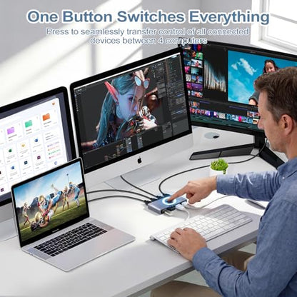 USB 3.0 Switch, 4 Computers Sharing 4 USB Devices, One-Button Switcher | For Keyboard Mouse Printer Scanner, USB Peripheral Sharing Hub for PC Laptop with 2 USB 3.0 Cables, Aluminum Alloy Case - style: For 4 PCs