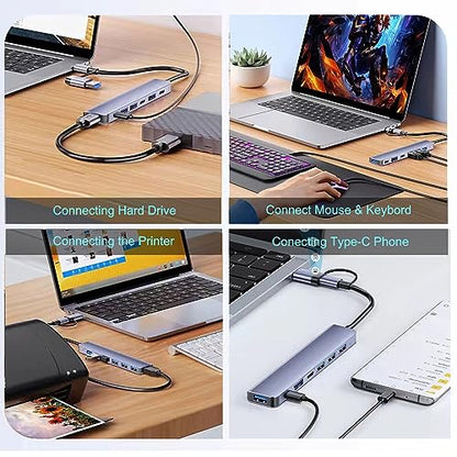 Aluminum USB C & USB Hub 7-in-1 with USB 3.0, USB-C Ports for PC/Laptops/MacBook Pro/Air/iMac/iPad and More Devices