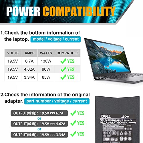 BULL-TECH Replacement for Dell 130W 7.4mm Tip AC Adapter Charger PA-4E LA130PM121 DA130PE1-00 JU012 CM161 Inspiron 15 7000 7559 G3 G5 Charger d6000 Docking Station Laptop Power Cord - size: 130W