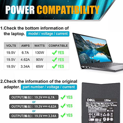 BULL-TECH Replacement for Dell 130W 7.4mm Tip AC Adapter Charger PA-4E LA130PM121 DA130PE1-00 JU012 CM161 Inspiron 15 7000 7559 G3 G5 Charger d6000 Docking Station Laptop Power Cord - size: 130W