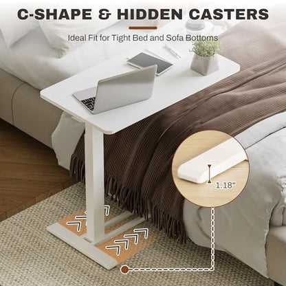 SANODESK 32''Pneumatic Adjustable Overbed Bedside Table with Hidden Casters | Medical Mobile Side End Table Laptop Computer Standing Desk Cart with Tray, Hospital and Home Use(31.5" W x 17.7" D,White) - color: White, size: Large