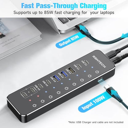 RSHTECH 10-Port Powered USB C Hub 66W with 3x10Gbps USB-3.2 Data Ports (2C + 1A), 4 USB 3.0 Ports (2C + 2A), 2 USB-C PD 45W Charging Ports and PD 100W, USB Expander Splitter for Laptop, RSH-ST10P