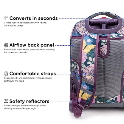 J World Sunrise Kids Rolling Backpack with Wheels for Girls Boys, Roller Bookbag for School, 18 x 13 x 9 Inches, Secret Garden - color: Secret Garden