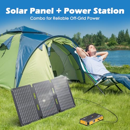 JIYHF Portable Power Station 99.9Wh with Foldable Solar Panel 30W, Laptop Charger & Backup Power with 65W USB-C PD, 100W AC Outlet, 12V DC Output, LED Light for Camping, Home Backup, Emergency, RV - style: P100 Orange+30W