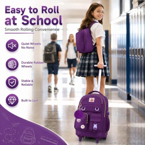 WZLVO Rolling Backpack for Girls Women, 21 inch Water Resistant Roller Wheels Backpacks, Wheeled Bookbag with Lunch Bag for Teen Elementary School Travel - Dark Purple - color: Dark Purple